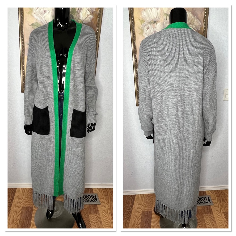 ILLORD Maxi Knit Cardigan w/Fringe Hem One Size 100% Acrylic Gray, Green & Blue